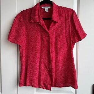Vintage 100% Silk Red Polka Dot Blouse Short Sleeve Button Down S